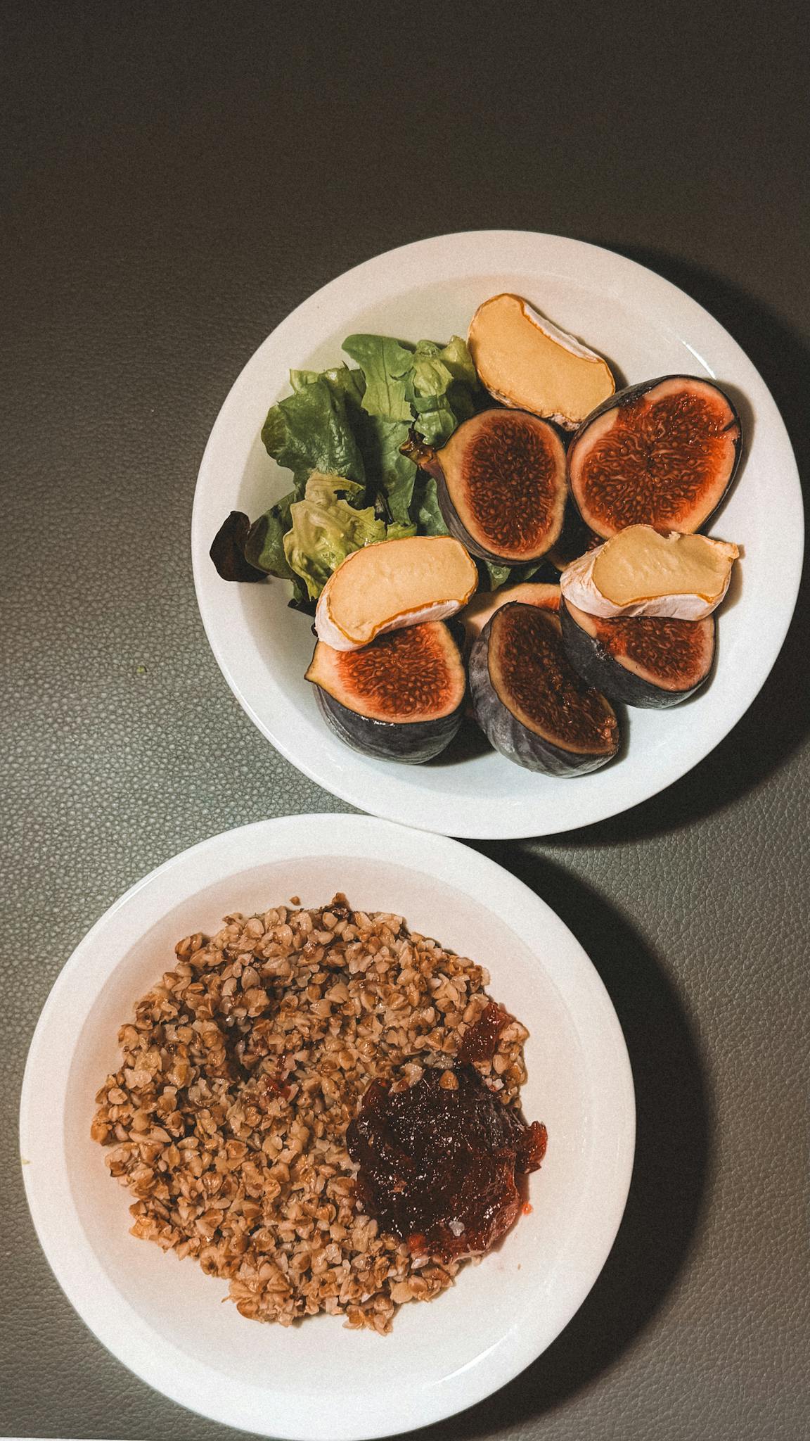 Tasty fig salad paired with nutritious buckwheat and preserves, perfect for a healthy meal.